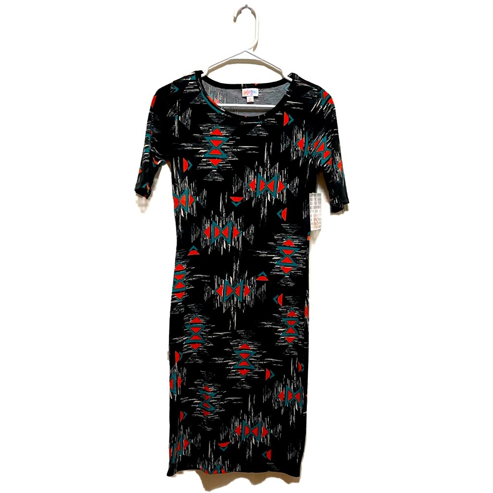 LuLaRoe Julia Dress in Black/Red/Teal Aztec Pattern